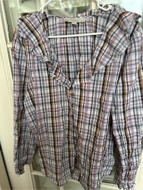 LOFT Plaid Ruffled V-Neck Button-Up Top in White, Black & Mustard